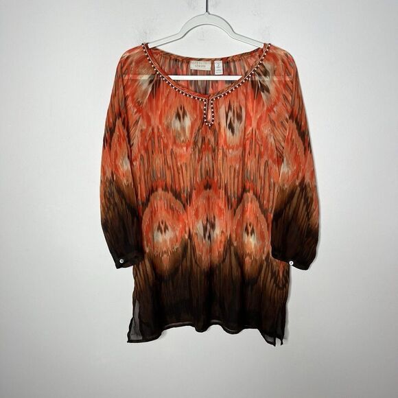 Chicos Top Womens Large Orange Sheer Beaded Chiffon 3/4 Sleeve Shirt Flowy Boho - Picture 10 of 11